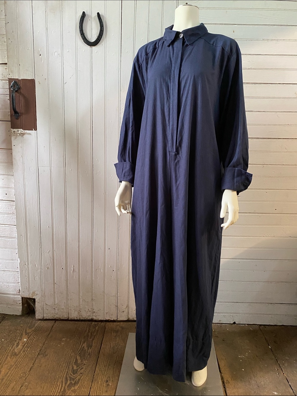Free People Navy Long Button-Front Jumpsuit